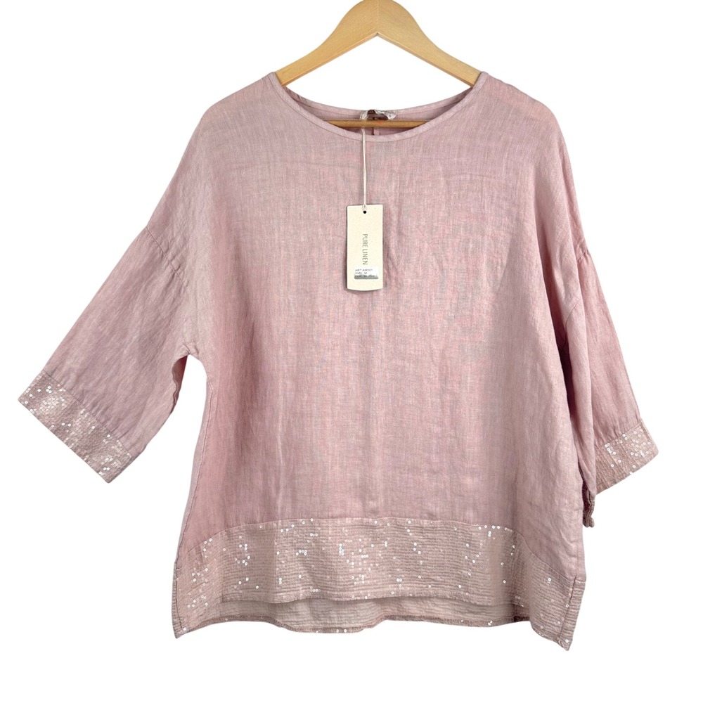 Bellambia Pure Linen Top sz M Blush Pink Sequin Trim Made in Italy